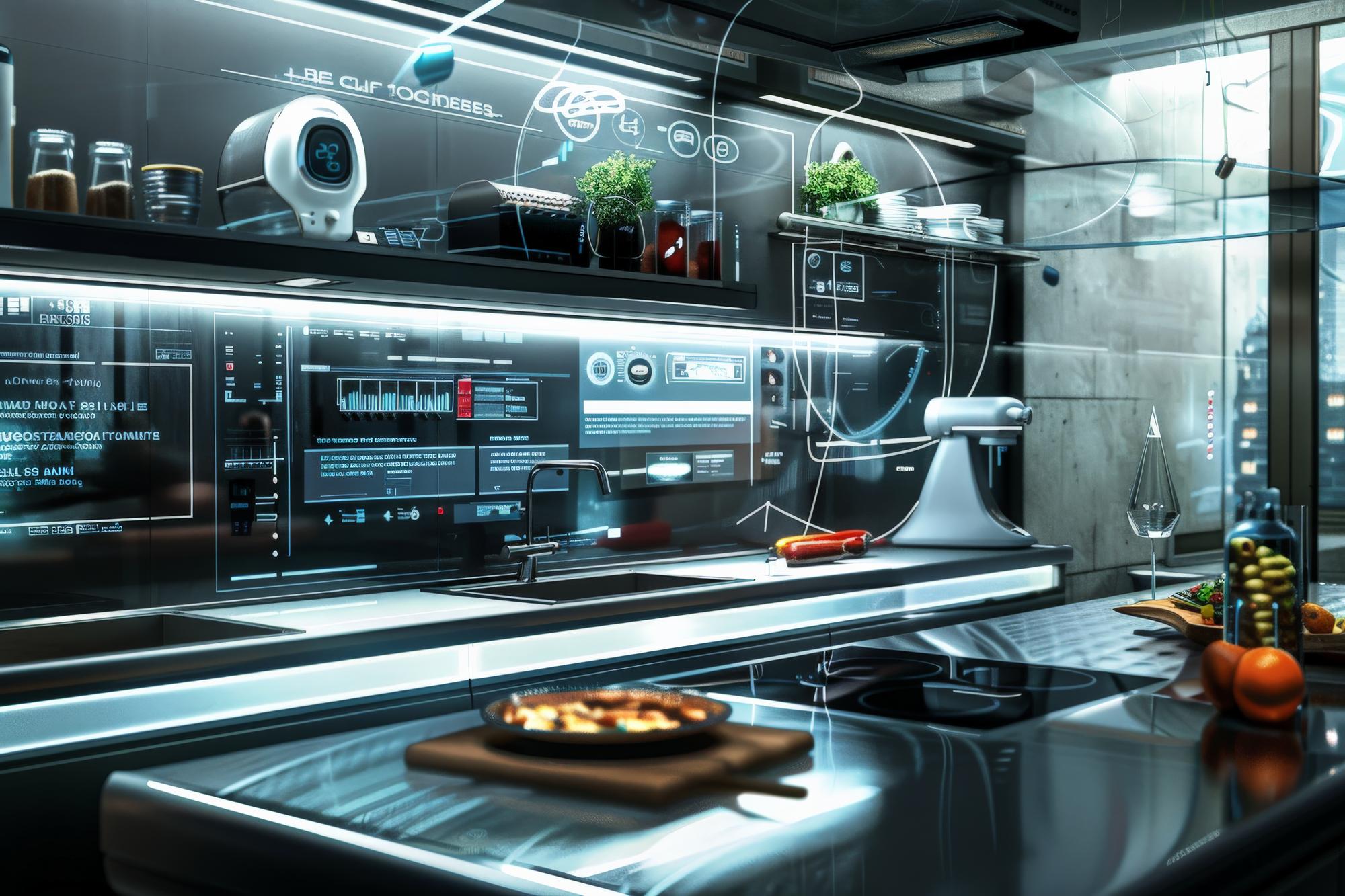 Small modern teaching kitchen with metal surfaces and equipment